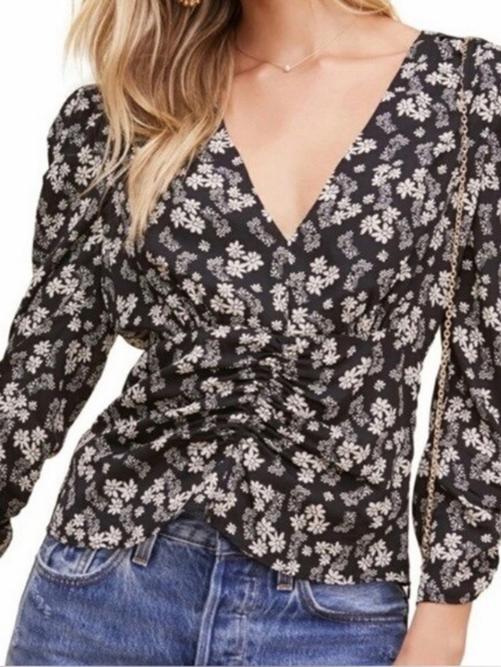 Astr The Label Shirred Puff Sleeve Black and White Floral Blouse Medium